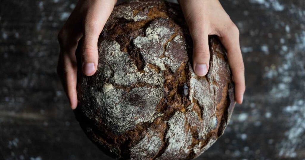 hands offering a large loaf of hard crust sour dough bread