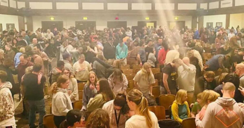 Gathering of college students and adults at the Asbury Revival in Wilmore Kentucky.